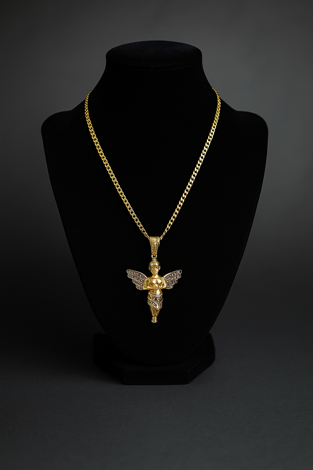 14K Gold Cuban Link Angel Pendant Necklace