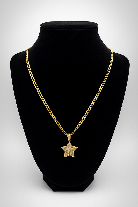 14K Gold Cuban. Star Pendant Necklace with Cubic Zirconia Diamonds