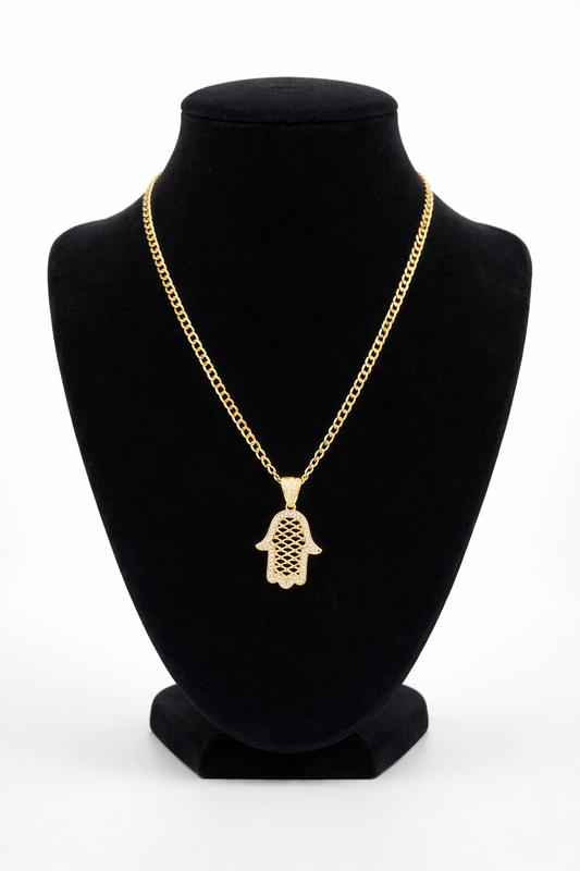 14k Cuban. Hamsa CZ Pendant
