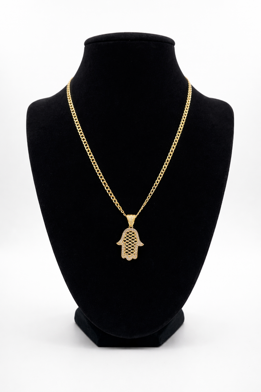 14k Cuban. Hamsa CZ Pendant